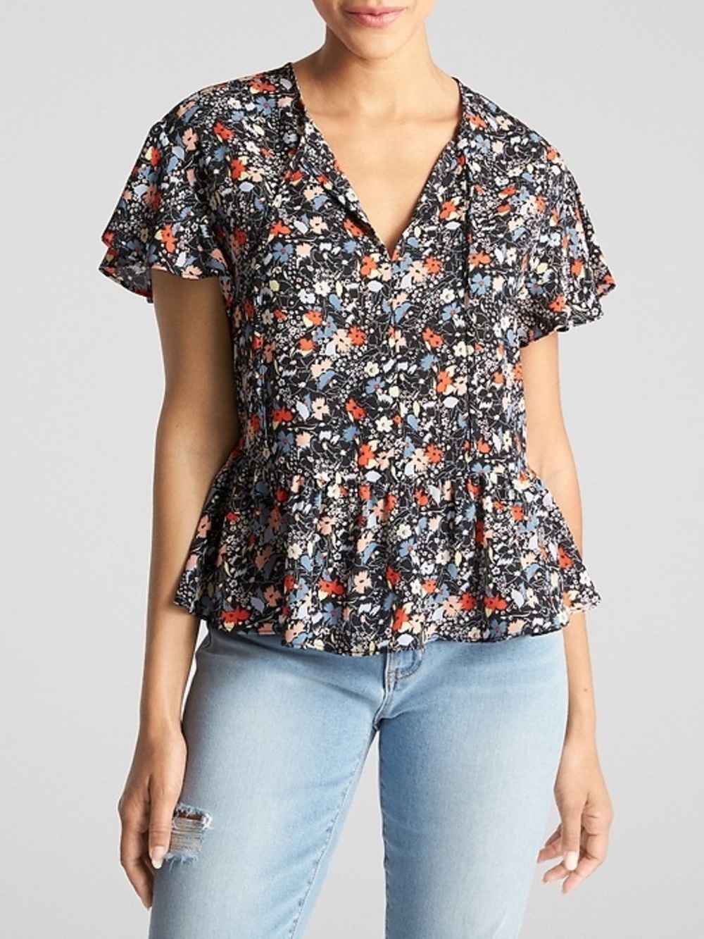 GAP Floral Peplum V-Neck Flutter Sleeve Top